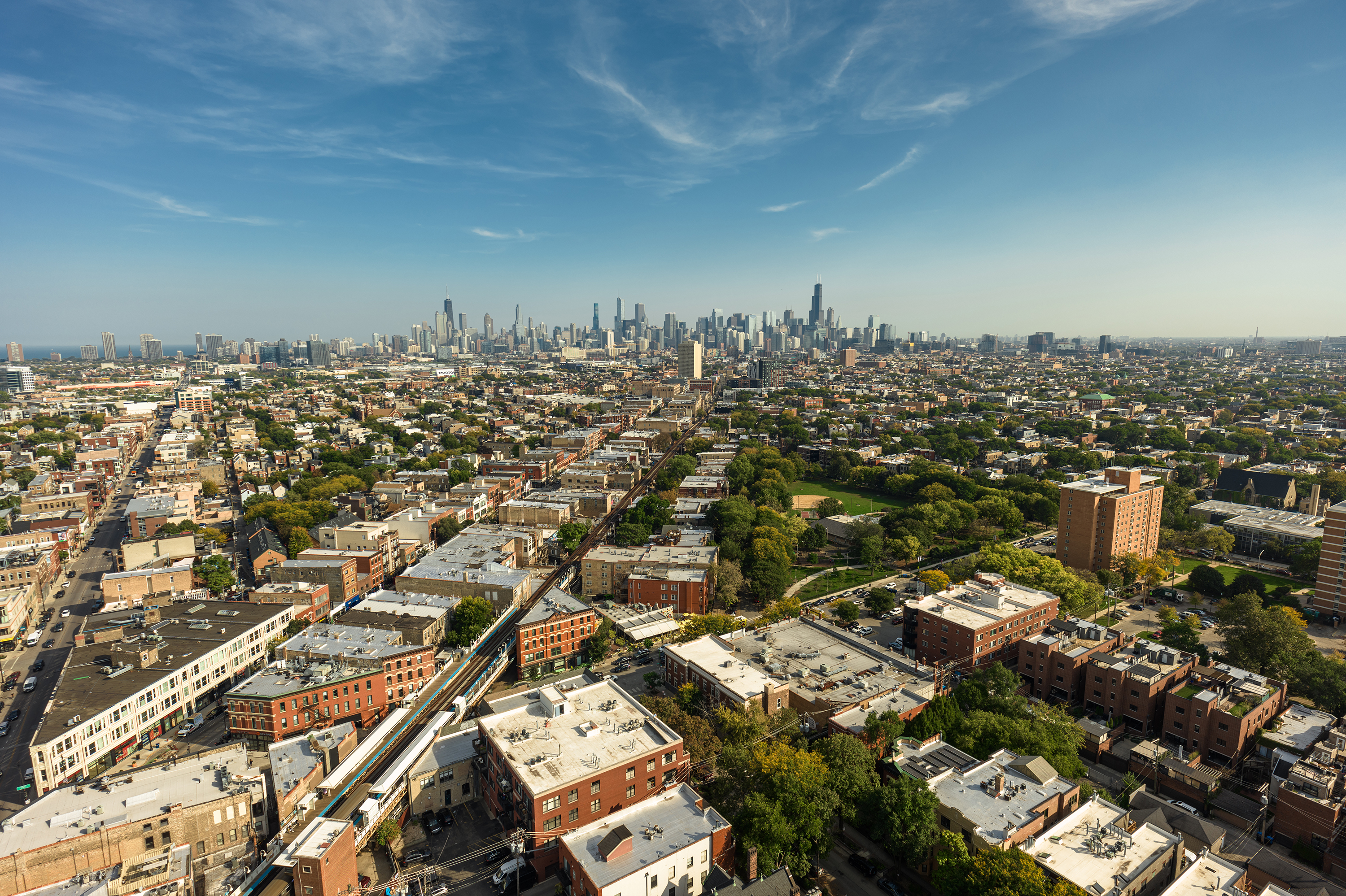 Aerial shot of the downtown skyline from Wicker Park, Chicago, Illinois on a clear day in Fall.