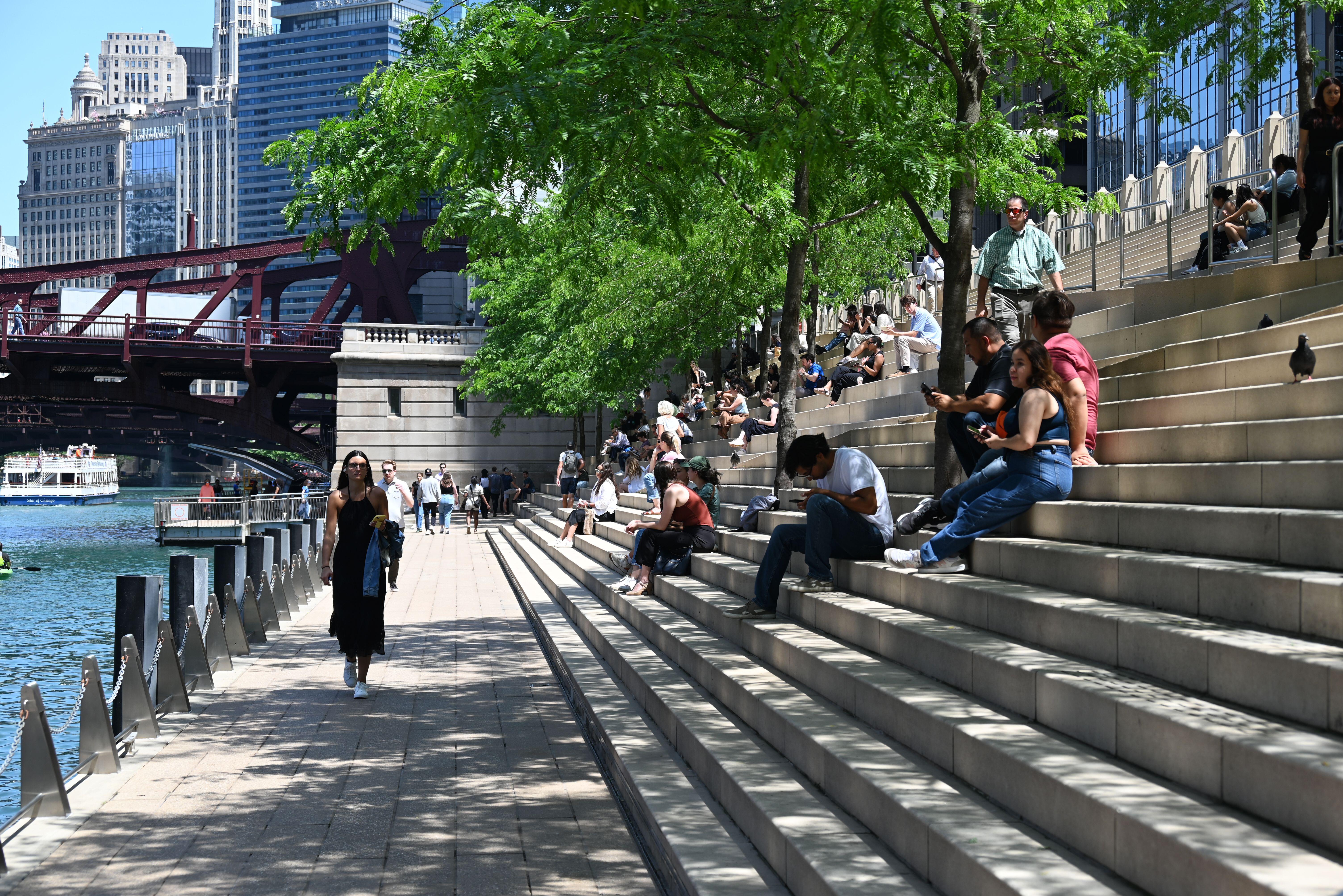 Chicagoans relax under trees on the steps of the Riverwalk.