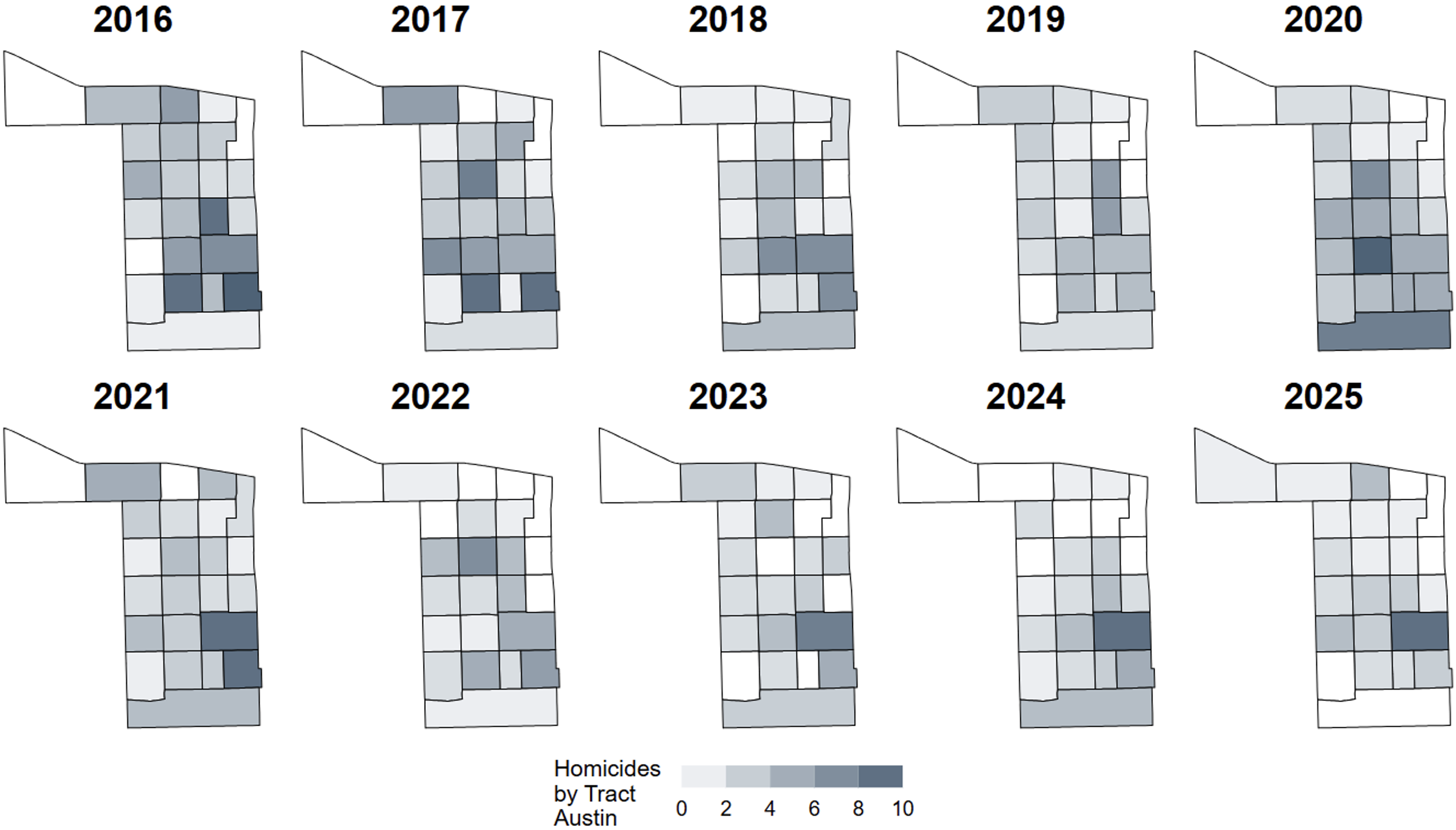 10 tract-level maps of the Austin Community Area representing changes from 2016-2025